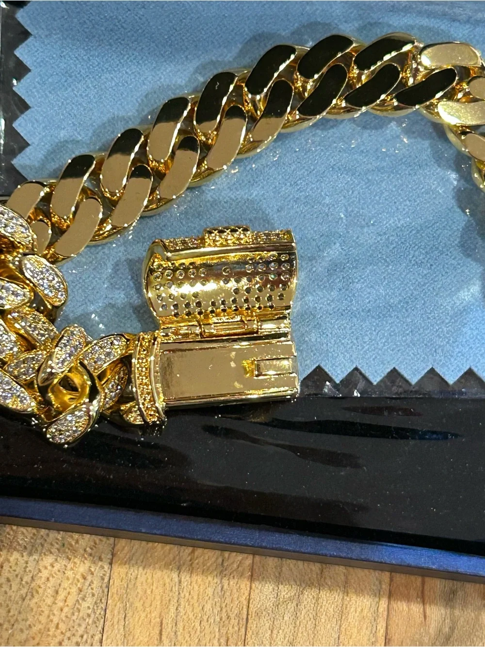 Gold-Tone (initial:L) Pave Cuban Link Bracelet with Sparkling Crystals